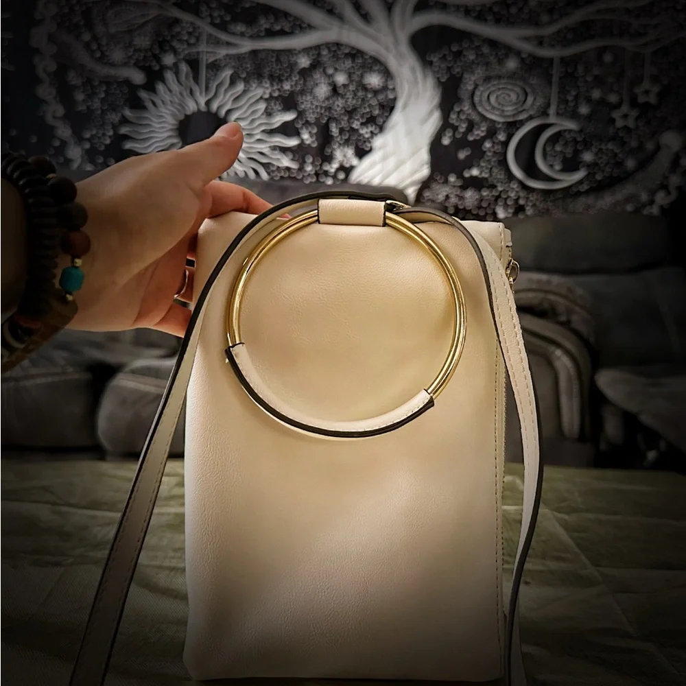 INC International Concepts Cream Shoulder Bag with Gold Ring - Picture 2 of 13